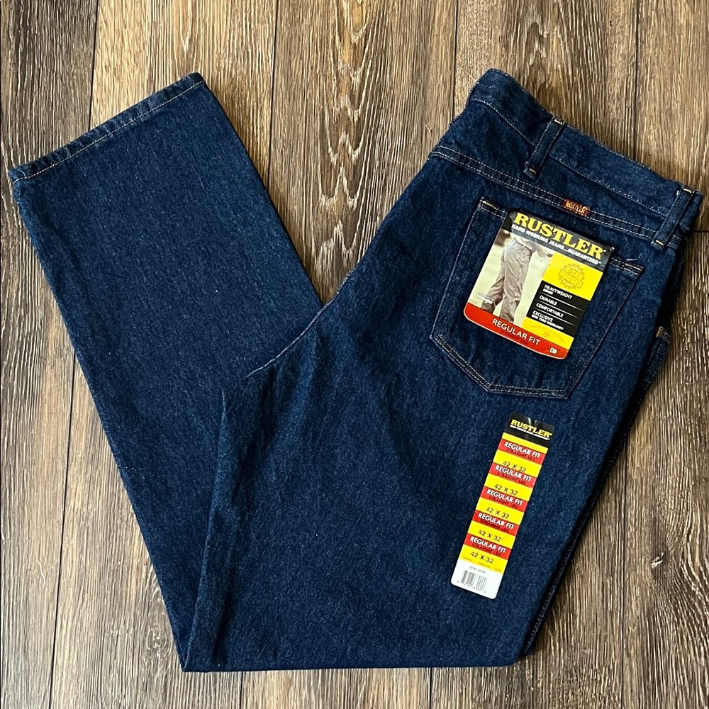 NWT Wrangler Rustler Regular Fit Straight Leg Dark Blue Jeans Mens Size 42x32